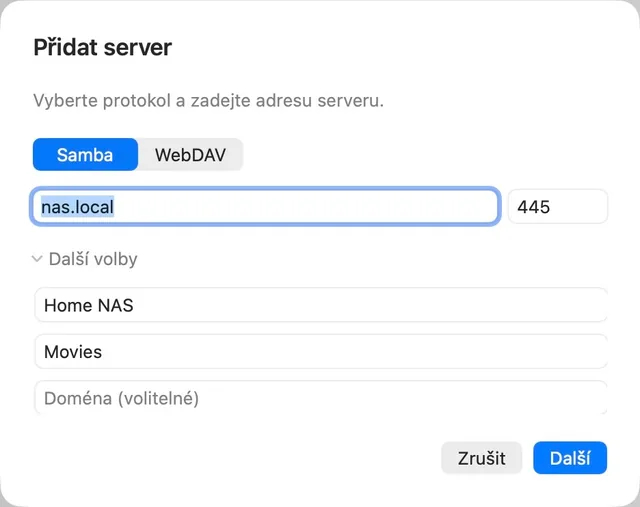 NAS · URL média · SMB / WebDAV