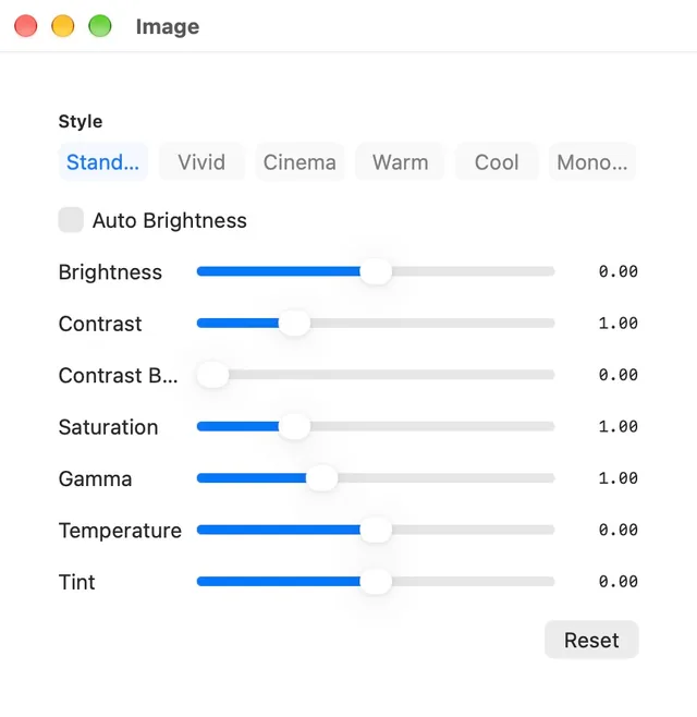 Native picture settings for brightness, contrast, saturation and color