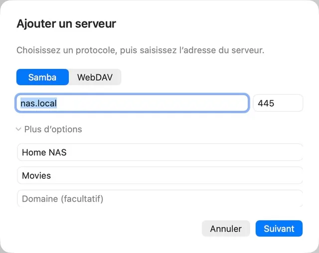 NAS · URL du média · SMB / WebDAV
