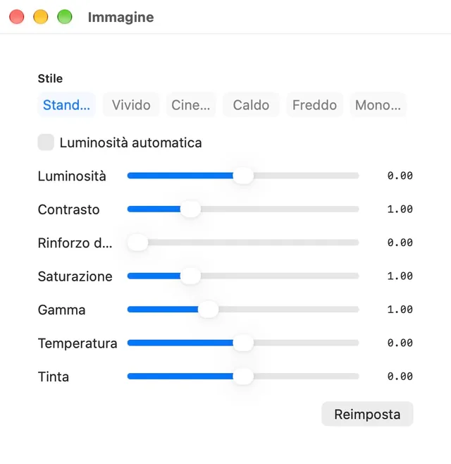 Luminosità · Contrasto · Saturazione