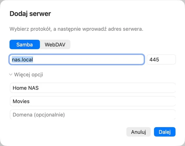 NAS · URL multimediów · SMB / WebDAV