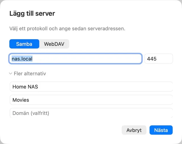 NAS · Medie-URL · SMB / WebDAV